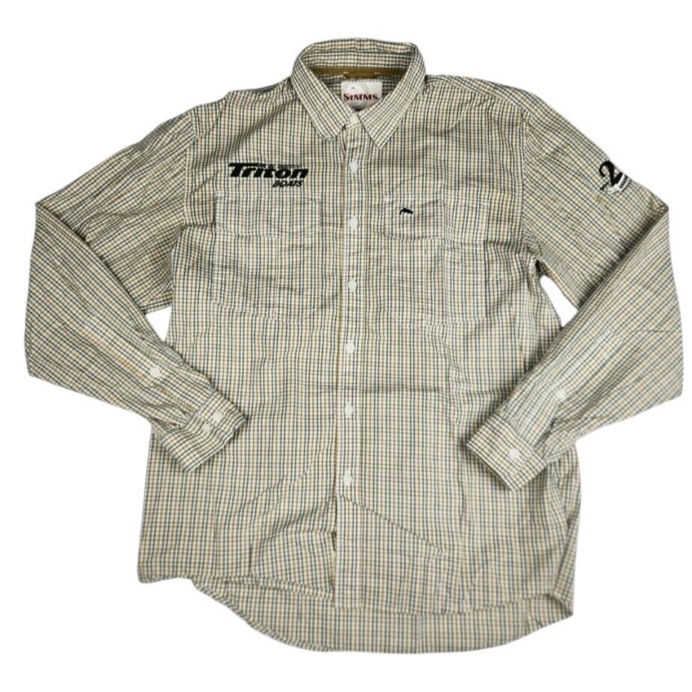 Simms Fisshing Shirt Mens Medium Green Plaid LS Button‎ Up Triton Boats Outdoors
